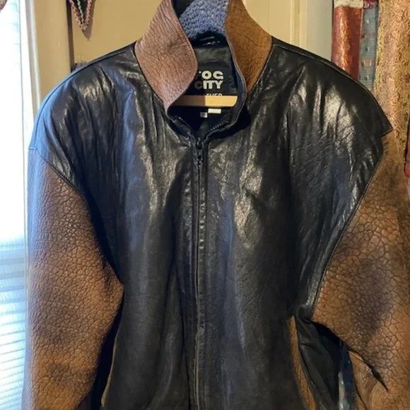 Vintage 80's Fog City Leather Two Tone Black/Brown Bomber Jacket -Large - Picture 1 of 14
